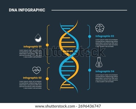 DNA science helix infographic process diagram with centered part content opposite direction with dark background bright outline style 4 points vector