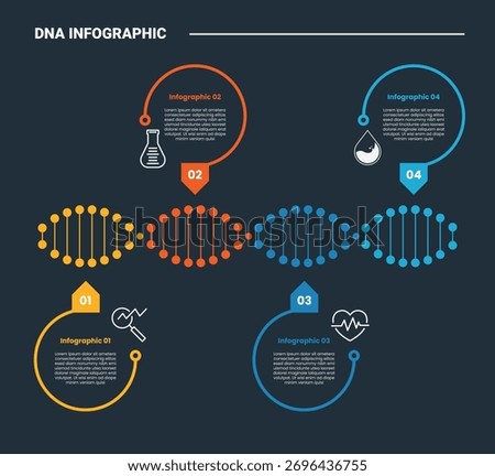 DNA science helix infographic process diagram with horizontal and point up and down with dark background bright outline style 4 points vector