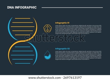 DNA science helix infographic process diagram with big strand on left side with stacked list comparison with dark background bright outline style 2 points vector