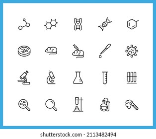 DNA science linear icons. Set of biology, genetic, Gene, Cell, Life Science, Microbiology symbols drawn with thin contour lines. Vector illustration.