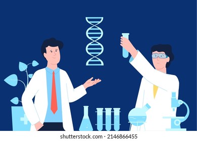 Dna scientist work in medicine laboratory. Biological engineering research, young woman man biotechnology students. Recent vector genetic searching concept