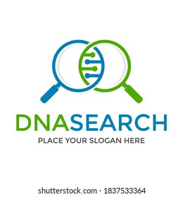 DNA-Suchvektorlogo-Vorlage. Dieses Design verwendet Lupe-Symbol. Geeignet für die Wissenschaft.