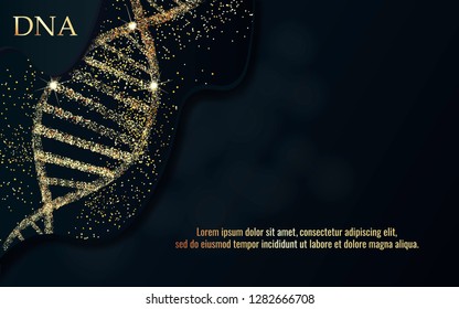 DNA sequence, DNA code structure with gold glow. Science concept background. Nano technology. Vector illustration, black background with space for text