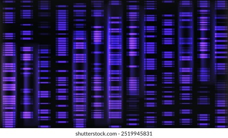 DNA-Sequenzdatenkarte. Visualisierung von Chromosomen-Genmustern für medizinische Forschungszwecke. Abstrakte Wissenschaft Molekül Marker Kartierung Architektur Textur. Lila Neon Musik Streifen glitch Design