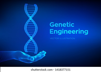 DNA sequence in hand. Wireframe DNA molecules structure mesh. DNA code editable template. Science and Technology concept. Vector illustration.