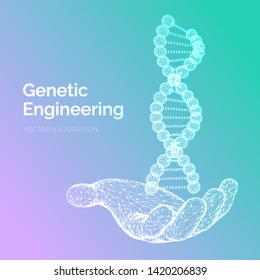 DNA sequence in hand. Wireframe DNA molecules structure mesh. DNA code editable template. Science and Technology concept. Vector illustration.