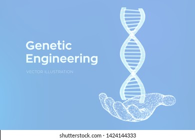 DNA sequence in hand. Wireframe DNA molecules structure mesh. DNA code editable template. Science and Technology concept. Vector illustration.