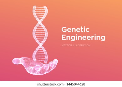 DNA sequence in hand. Wireframe DNA molecules structure mesh. DNA code editable template. Science and Technology concept. Vector illustration.