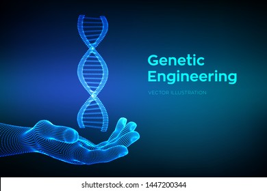 DNA sequence in hand. Wireframe DNA molecules structure mesh. DNA code editable template. Science and Technology concept. Vector illustration.