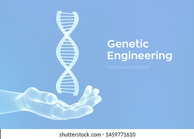 DNA sequence in hand. Wireframe DNA molecules structure mesh. DNA code editable template. Science and Technology concept. Vector illustration.