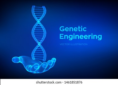 DNA sequence in hand. Wireframe DNA molecules structure mesh. DNA code editable template. Science and Technology concept. Vector illustration.