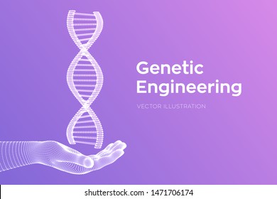 DNA sequence in hand. Wireframe DNA molecules structure mesh. DNA code editable template. Science and Technology concept. Vector illustration.