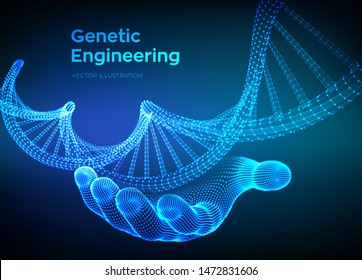 DNA sequence in hand. Wireframe DNA molecules structure mesh. DNA code editable template. Science and Technology concept. Vector illustration.