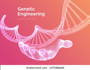 DNA sequence in hand. Wireframe DNA molecules structure mesh. DNA code editable template. Science and Technology concept. Vector illustration.