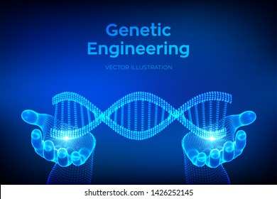 DNA sequence in hands. Wireframe DNA molecules structure mesh. DNA code editable template. Science and Technology concept. Vector illustration.