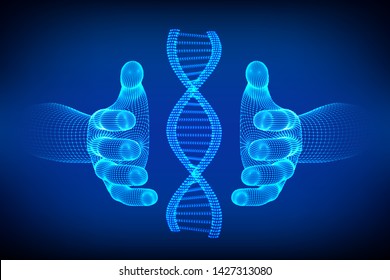 DNA sequence in hands. Wireframe DNA molecules structure mesh. DNA code editable template. Science and Technology concept. Vector illustration.