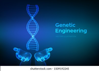 DNA sequence in hands. Wireframe DNA molecules structure mesh. DNA code editable template. Science and Technology concept. Vector illustration.