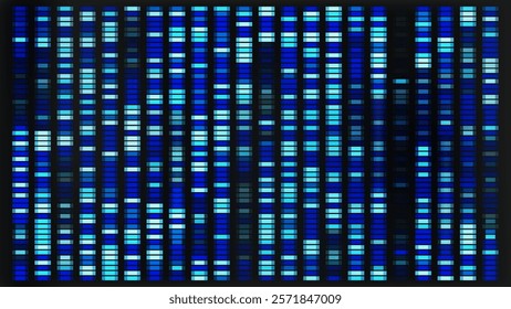 DNA sequence map with genetic data pattern. Abstract chromosome visualization for medical test and analysis. Science and biology bg graphic design with x and y genome evolution. Glitch wallpaper