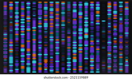 Mapa de sequência de dna. Padrão de visualização genética para análise médica de fundo. Ciência abstrata bg com arquitetura cromossômica x e y. Mapeamento de som de música com analisador de espectro de vibrações