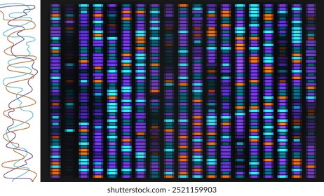 Vetor de mapa de sequência de DNA bg. Visualização de dados genéticos com gráfico para análise de padrões médicos. Ilustração da textura do gráfico da ciência para pesquisa genômica. Perfil do teste de evolução cromossômica X e y