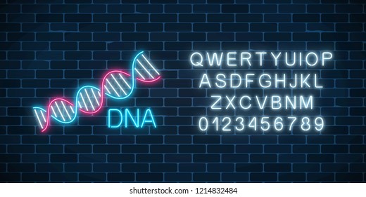 Dna sequence sign in neon style with alphabet on dark brick wall background. DNA molecule structure glowing symbol. Vector illustration.