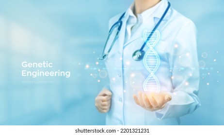DNA sequence. Wireframe DNA molecules structure mesh. Doctor holding in hand the DNA code. Genetic engineering. Science and Technology concept. Vector illustration.