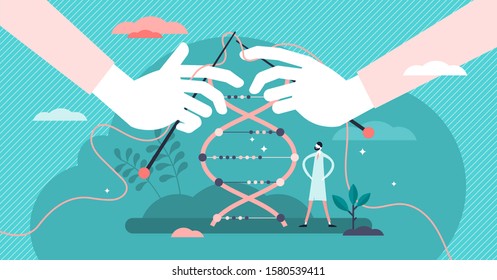 DNA sequencing vector illustration. Genetic scene in flat tiny persons concept. Molecular cloning or editing process visualized as knitting. Determining nucleic acid method in anatomy gene laboratory.