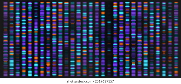 Dna sequencing vector map. Genetic chromosome data visualization with pattern background. Abstract gene graphic architecture for infographic analytics. Research marker profile mapping wallpaper