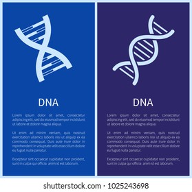 DNA set of white spirals isolated on blue backdrops, different forms DNA chains with genetic information, framed vector illustrations, text sample