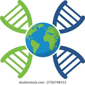 DNA shaped elements around Earth representing life science, global life connection, sustainability and environmental balance.