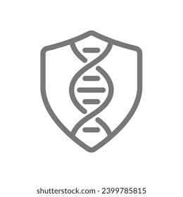 DNA und Schildlinie, Vektorsymbol. Genomschutz, Gentechnik und Biotechnologie-Symbol.