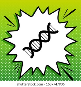 The DNA sign. Black Icon on white popart Splash at green background with white spots. Illustration.