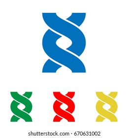 DNA sign, helix. Vector. Big blue flat icon with red, green and yellow small icons at white background. Isolated.