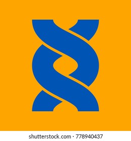 DNA sign, helix. Vector. Medium teal blue icon on orange background.