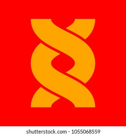 DNA sign, helix. Vector. Orange icon with white holes if exist at red background. Isolated.