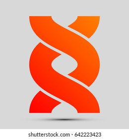 DNA sign, helix. Vector. Orange, red-yellow icon with shadow on gray background.