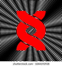 DNA sign, helix. Vector. Red icon on white and black radial interference as background.