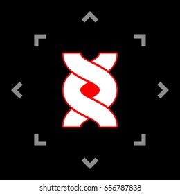 DNA sign, helix. Vector. White icon in gray focus like mandala on black background.