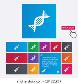 DNA sign icon. Deoxyribonucleic acid symbol. Metro style buttons. Modern interface website buttons with hand cursor pointer. Vector