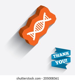 DNA sign icon. Deoxyribonucleic acid symbol. White icon on orange 3D piece of wall. Carved in stone with long flat shadow. Vector