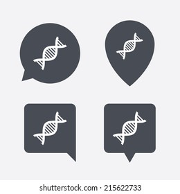 DNA sign icon. Deoxyribonucleic acid symbol. Map pointers information buttons. Speech bubbles with icons. Vector