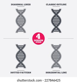 DNA sign icon. Deoxyribonucleic acid symbol. Diagonal and horizontal lines, classic outline, dotted texture. Pattern design icons.  Vector
