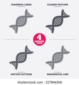 DNA sign icon. Deoxyribonucleic acid symbol. Diagonal and horizontal lines, classic outline, dotted texture. Pattern design icons.  Vector