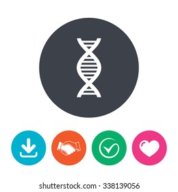DNA sign icon. Deoxyribonucleic acid symbol. Download arrow, handshake, tick and heart. Flat circle buttons.