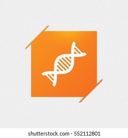 DNA sign icon. Deoxyribonucleic acid symbol. Orange square label on pattern. Vector