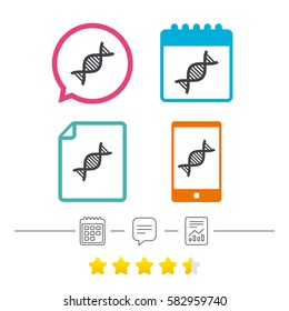 DNA sign icon. Deoxyribonucleic acid symbol. Calendar, chat speech bubble and report linear icons. Star vote ranking. Vector
