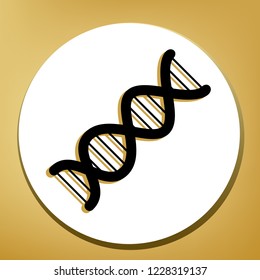 The DNA sign. Vector. Black icon with light brown shadow in white circle with shaped ring at golden background.