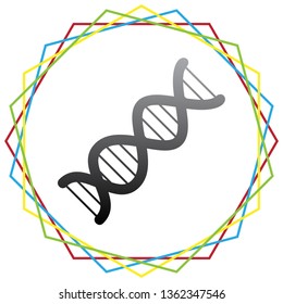The DNA sign. Vector. Black icon with patch of light inside colorful hexagonal frames at white background.