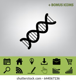 The DNA sign. Vector. Black icon at gray background with bonus icons at celery ones