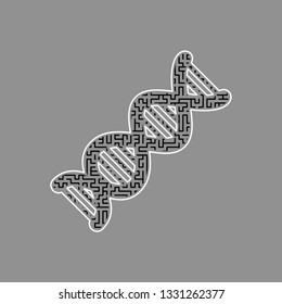 The DNA sign. Vector. Black maze filled icon with white border at gray background.